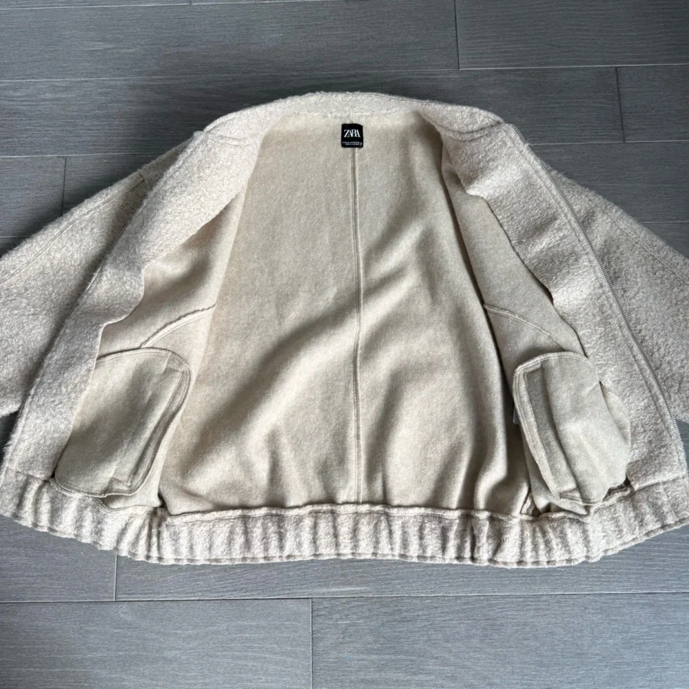 ZARA 5070/642 Textured Bouclé Bomber Jacket Sand Beige XS Oversized Quiet Luxury - Picture 15 of 16